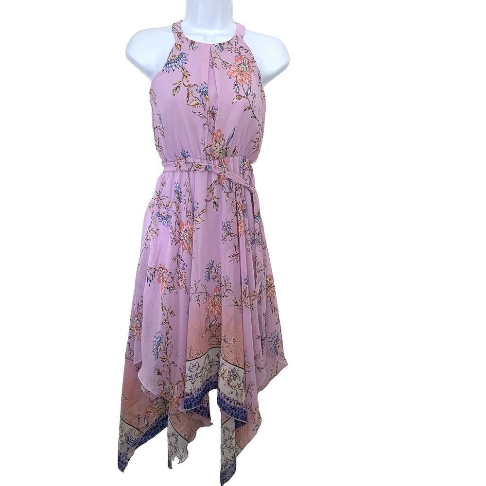 Zunie Y2K Fairy Feminine‎ Dress Purple Floral Flowy Sz 10 Halter Asymmetric Hem